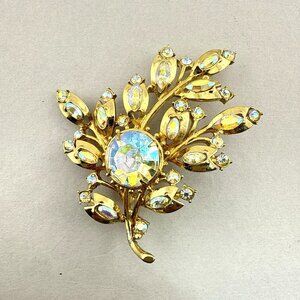 Vintage Hollycraft Rhinestone Brooch Floral Flower AB Layered Aurora Borealis